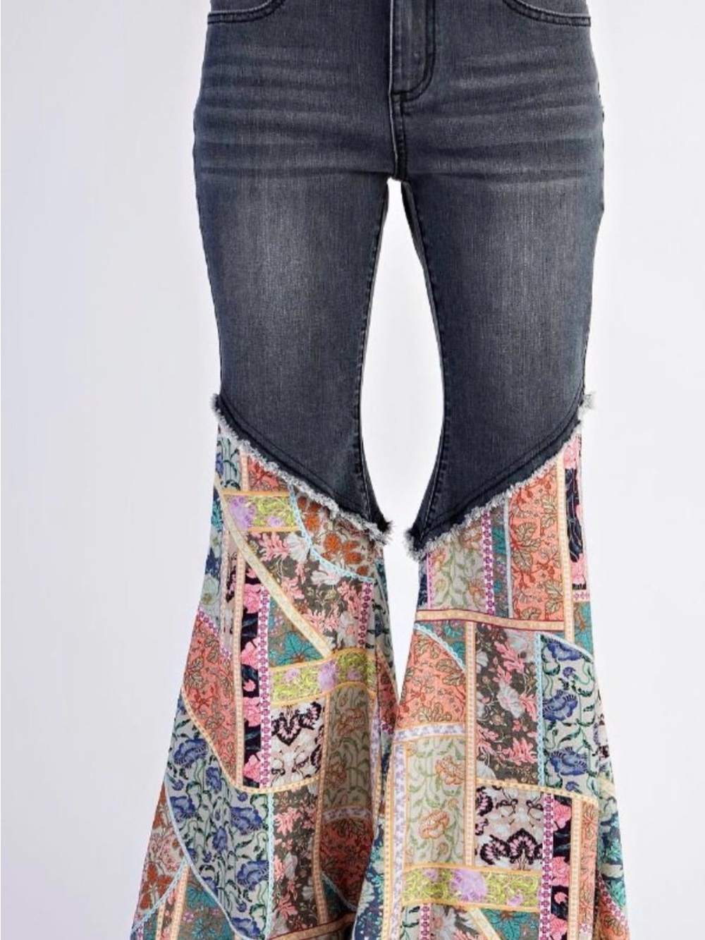 Women’s Multicolor Patchwork Flared Jeans - Blue Accent - Picture 4 of 5